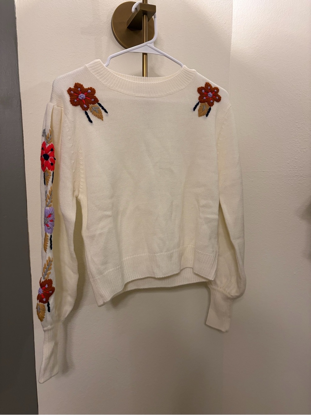 Something Navy Cream Crewneck Sweater with Multicolor Floral Embroidery